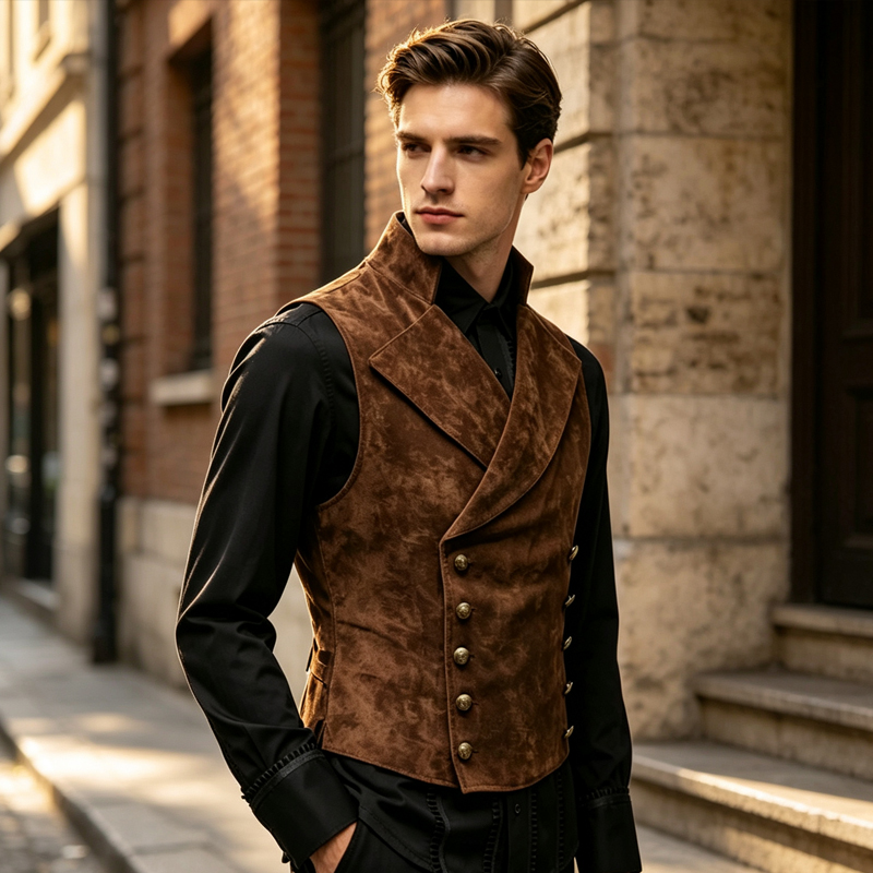 Men'S Formal Wear Waistcoat - Erkek Retro Süet Yelek, Yaka Detaylı,