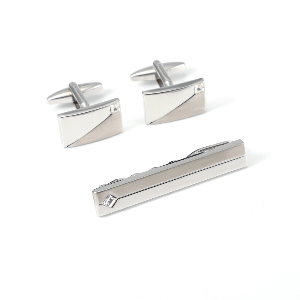 Cufflinks Silver Set - Basit Geometrik Elmas Çivili Kol Düğmeleri