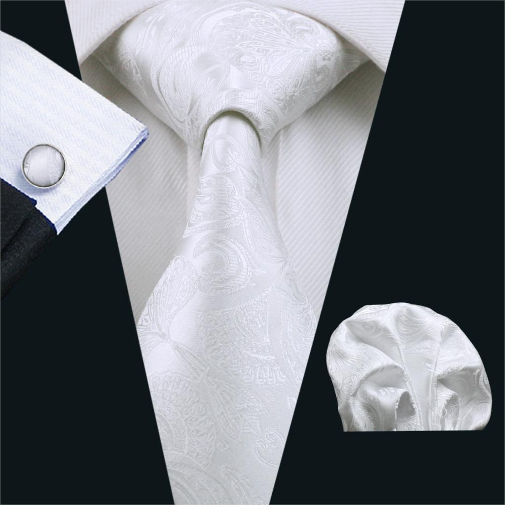Cufflinks Silver Set - FA-393 erkek Kravat Beyaz Paisley Ipek