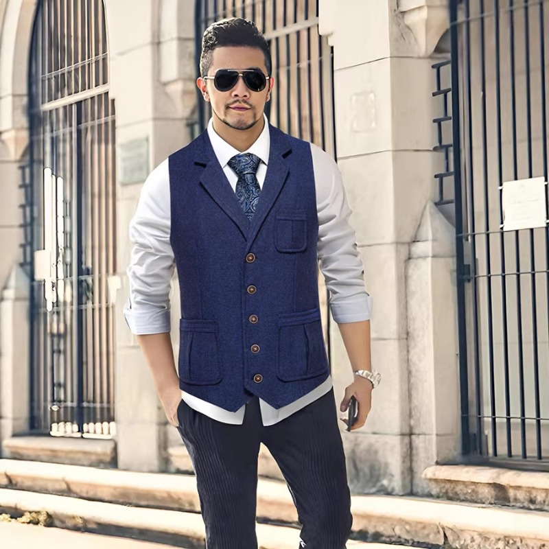 Men'S Formal Wear Waistcoat - Erkek Balıksırtı Desenli Tüvit Yelek, Çentikli